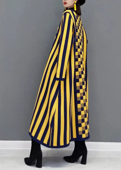 French Yellow Striped Hign Neck Patchwork Knit Long Dress Fall Ada Fashion