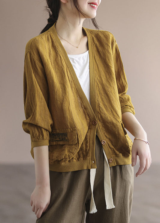 French Yellow V Neck Patchwork Pockets Linen Jackets Spring TG1024 - fabuloryshop