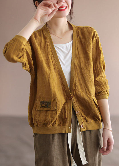 French Yellow V Neck Patchwork Pockets Linen Jackets Spring TG1024 - fabuloryshop