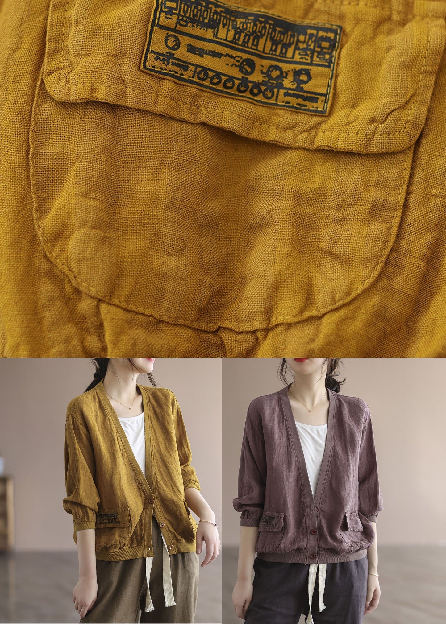 French Yellow V Neck Patchwork Pockets Linen Jackets Spring TG1024 - fabuloryshop