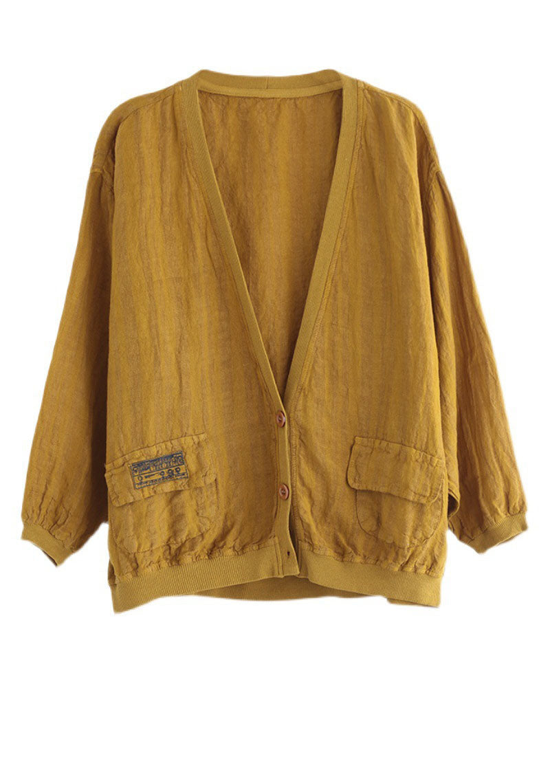 French Yellow V Neck Patchwork Pockets Linen Jackets Spring TG1024 - fabuloryshop