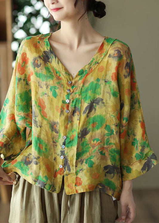French Yellow V Neck Print Linen Shirts Summer LY0244 - fabuloryshop