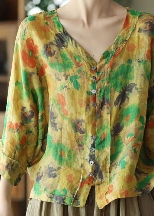 French Yellow V Neck Print Linen Shirts Summer LY0244 - fabuloryshop