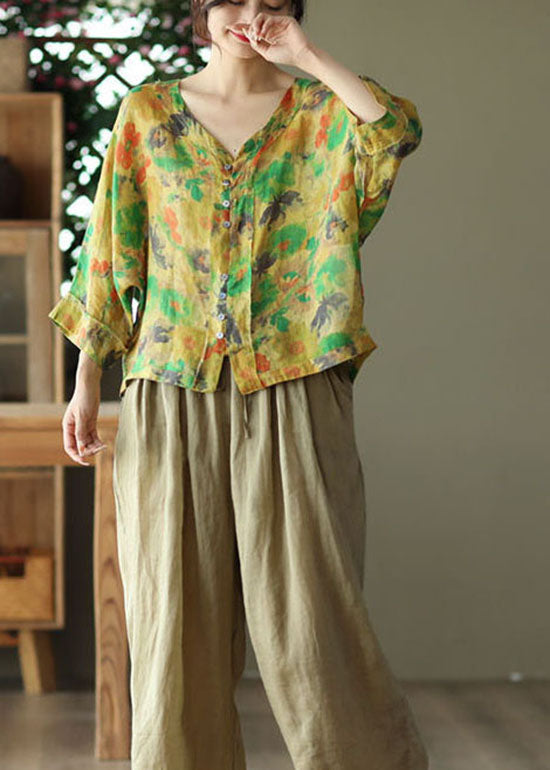 French Yellow V Neck Print Linen Shirts Summer LY0244 - fabuloryshop