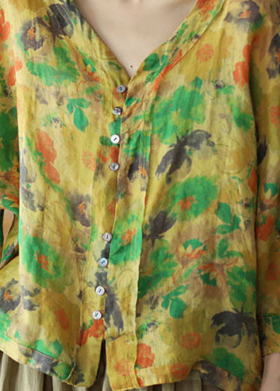 French Yellow V Neck Print Linen Shirts Summer LY0244 - fabuloryshop