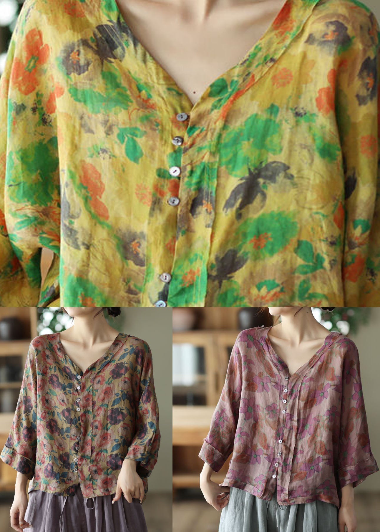 French Yellow V Neck Print Linen Shirts Summer LY0244 - fabuloryshop