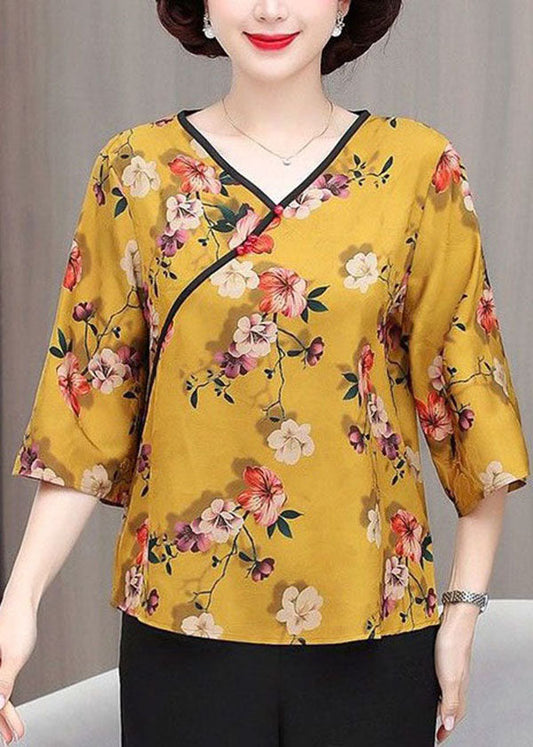 French Yellow V Neck Print Patchwork Silk Top Summer TI1019 - fabuloryshop