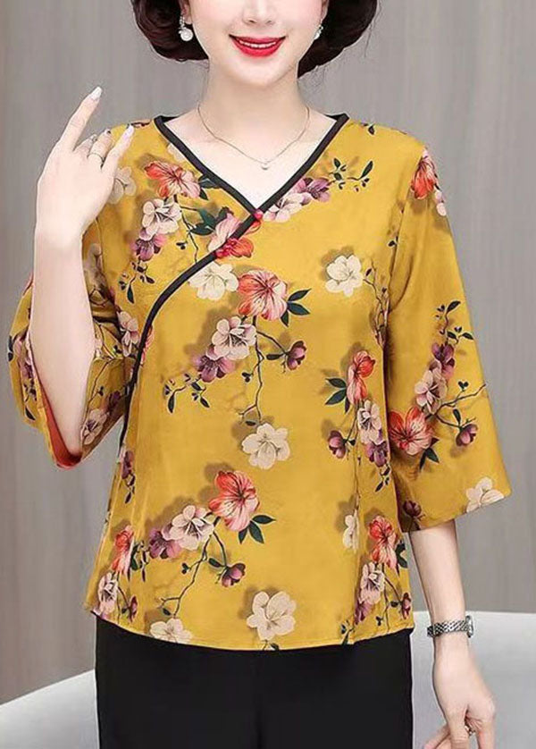 French Yellow V Neck Print Patchwork Silk Top Summer LY4526 - fabuloryshop