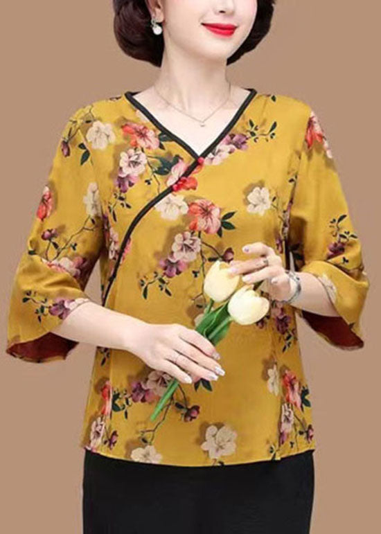 French Yellow V Neck Print Patchwork Silk Top Summer LY4526 - fabuloryshop