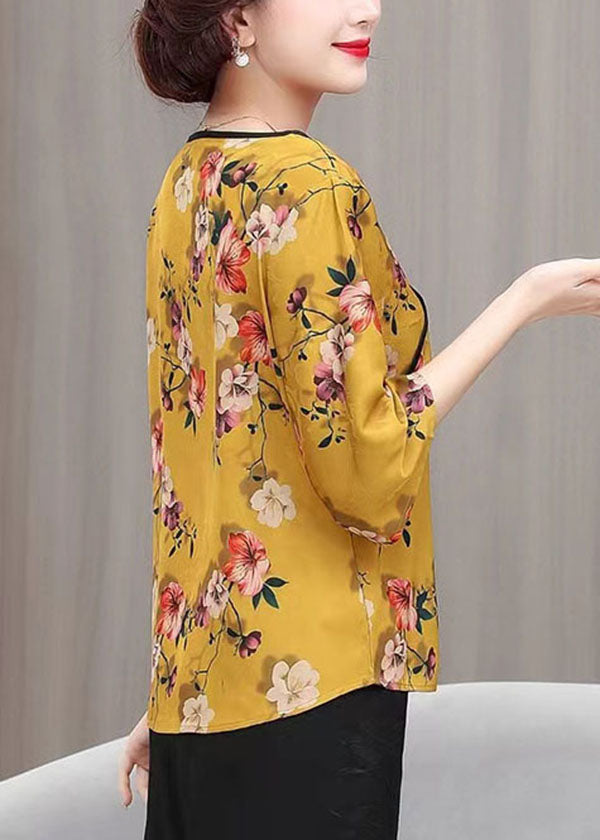 French Yellow V Neck Print Patchwork Silk Top Summer TI1019 - fabuloryshop