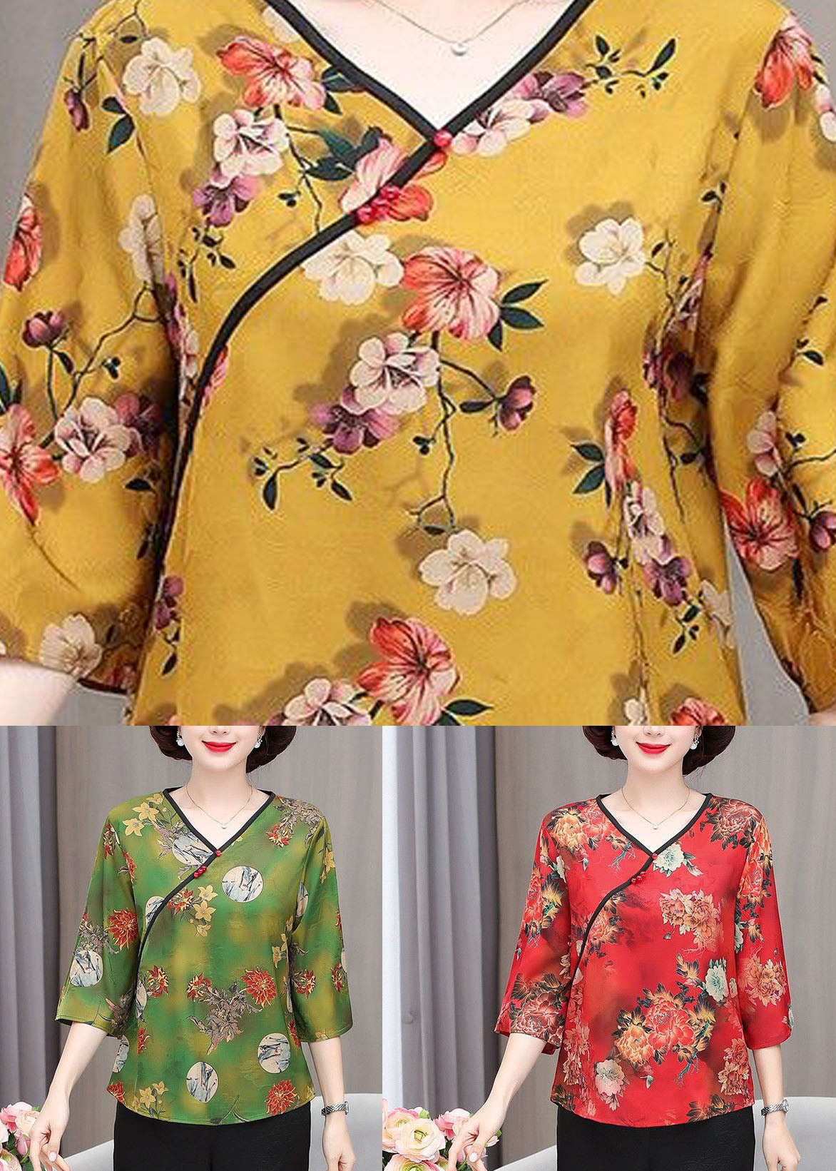 French Yellow V Neck Print Patchwork Silk Top Summer LY4526 - fabuloryshop