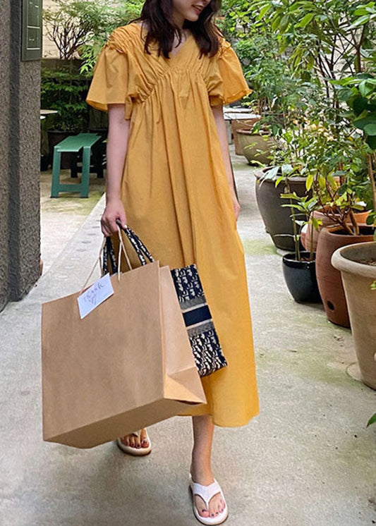 French Yellow V Neck Wrinkled Patchwork Cotton Long Dress Summer LY1352 - fabuloryshop