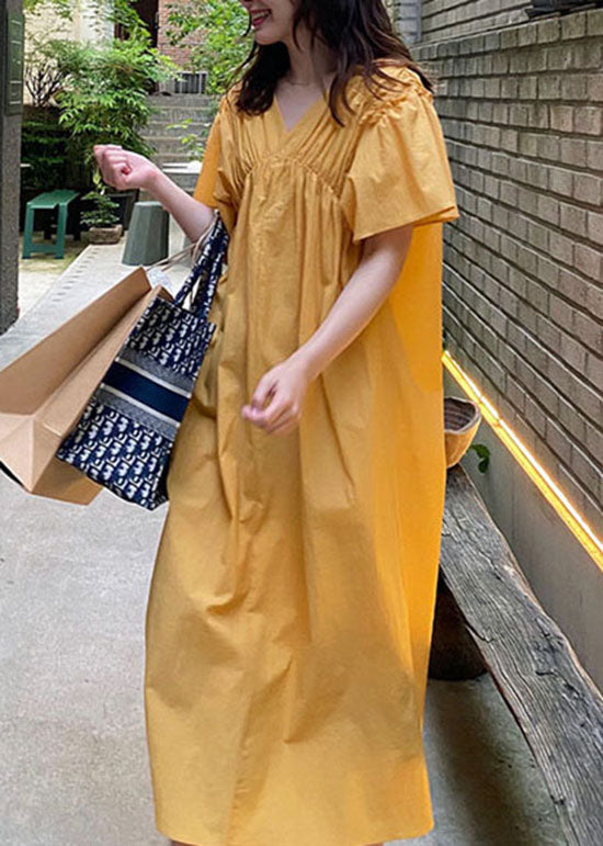 French Yellow V Neck Wrinkled Patchwork Cotton Long Dress Summer LY1352 - fabuloryshop