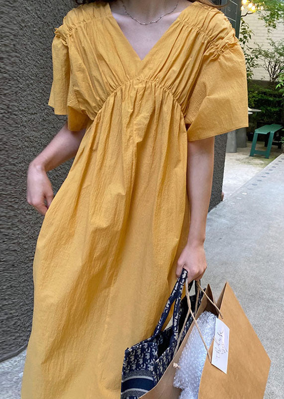 French Yellow V Neck Wrinkled Patchwork Cotton Long Dress Summer LY1352 - fabuloryshop