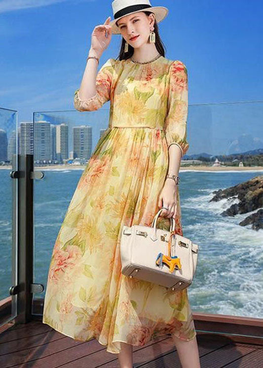 French Yellow Wrinkled Print Silk Holiday Dress Summer LC0220 - fabuloryshop