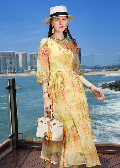 French Yellow Wrinkled Print Silk Holiday Dress Summer LC0220 - fabuloryshop