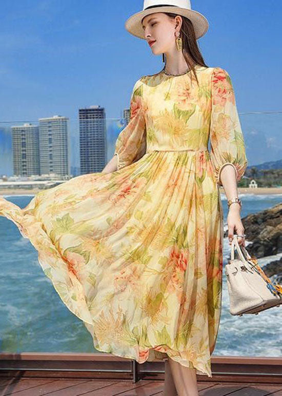 French Yellow Wrinkled Print Silk Holiday Dress Summer LC0220 - fabuloryshop