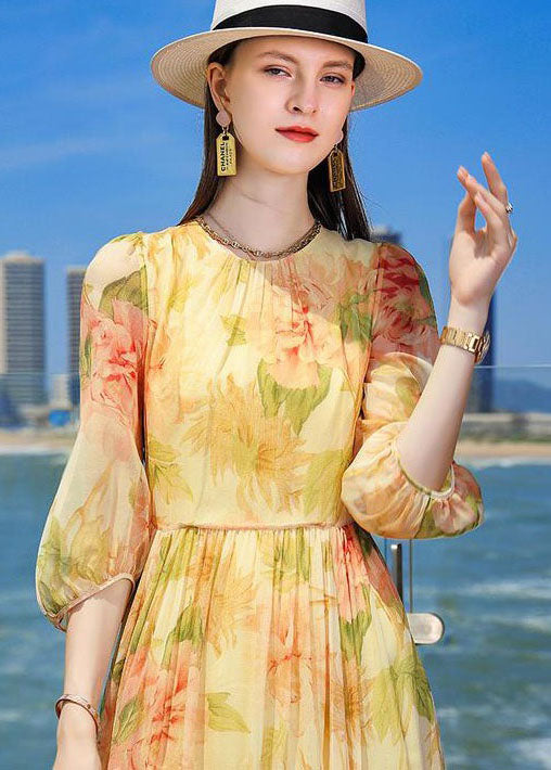 French Yellow Wrinkled Print Silk Holiday Dress Summer LC0220 - fabuloryshop