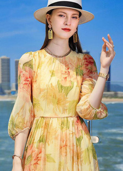 French Yellow Wrinkled Print Silk Holiday Dress Summer LC0220 - fabuloryshop