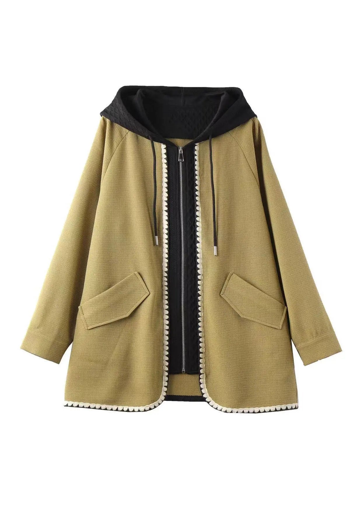 French Yellow Zip Up Pockets Patchwork Cotton Hooded Coat Fall Ada Fashion