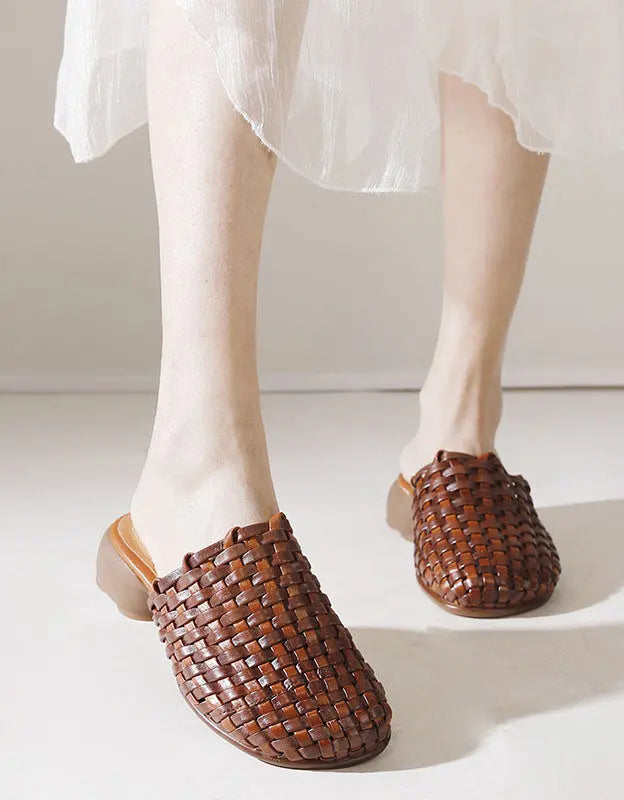 Genuine Leather Woven Slippers Wide Mules for Women Ada Fashion