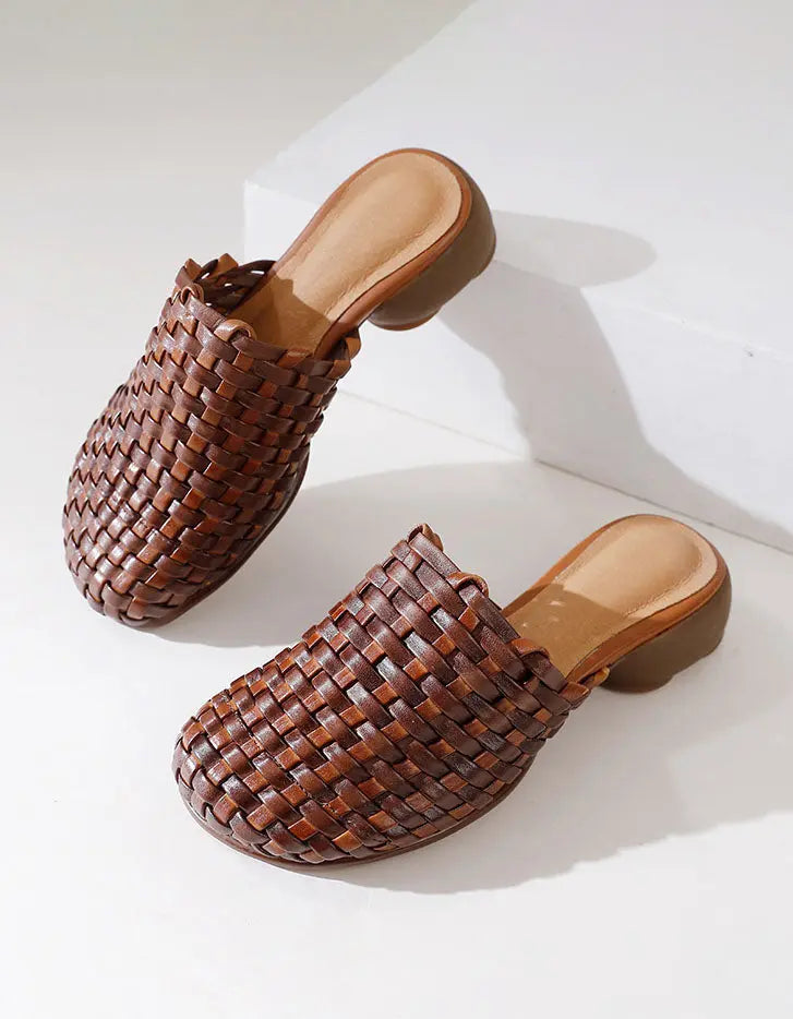 Genuine Leather Woven Slippers Wide Mules for Women Ada Fashion