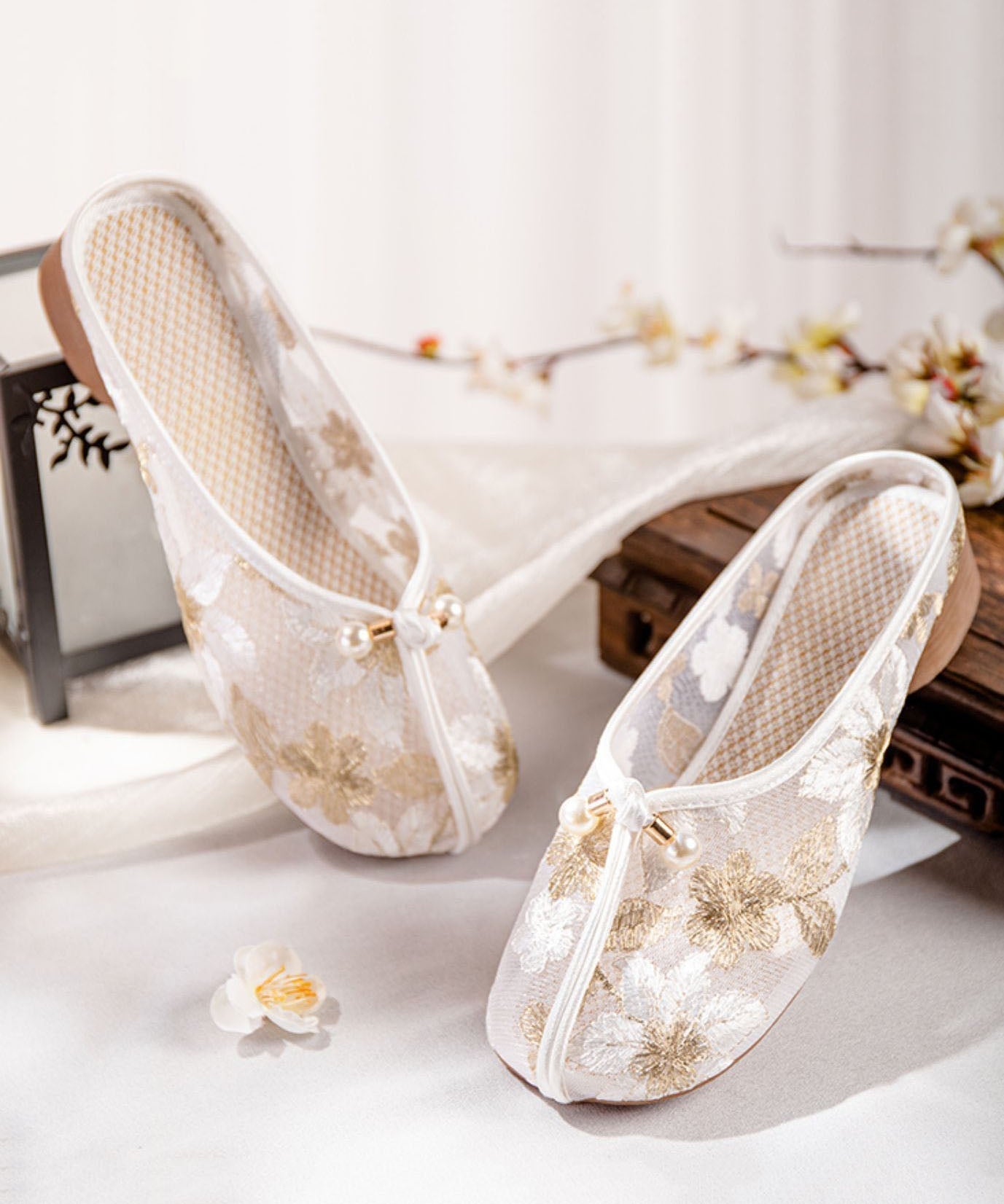 Gold Chunky Slide Sandals Tulle Comfy Splicing Hollow Out Embroideried LY7701 Ada Fashion