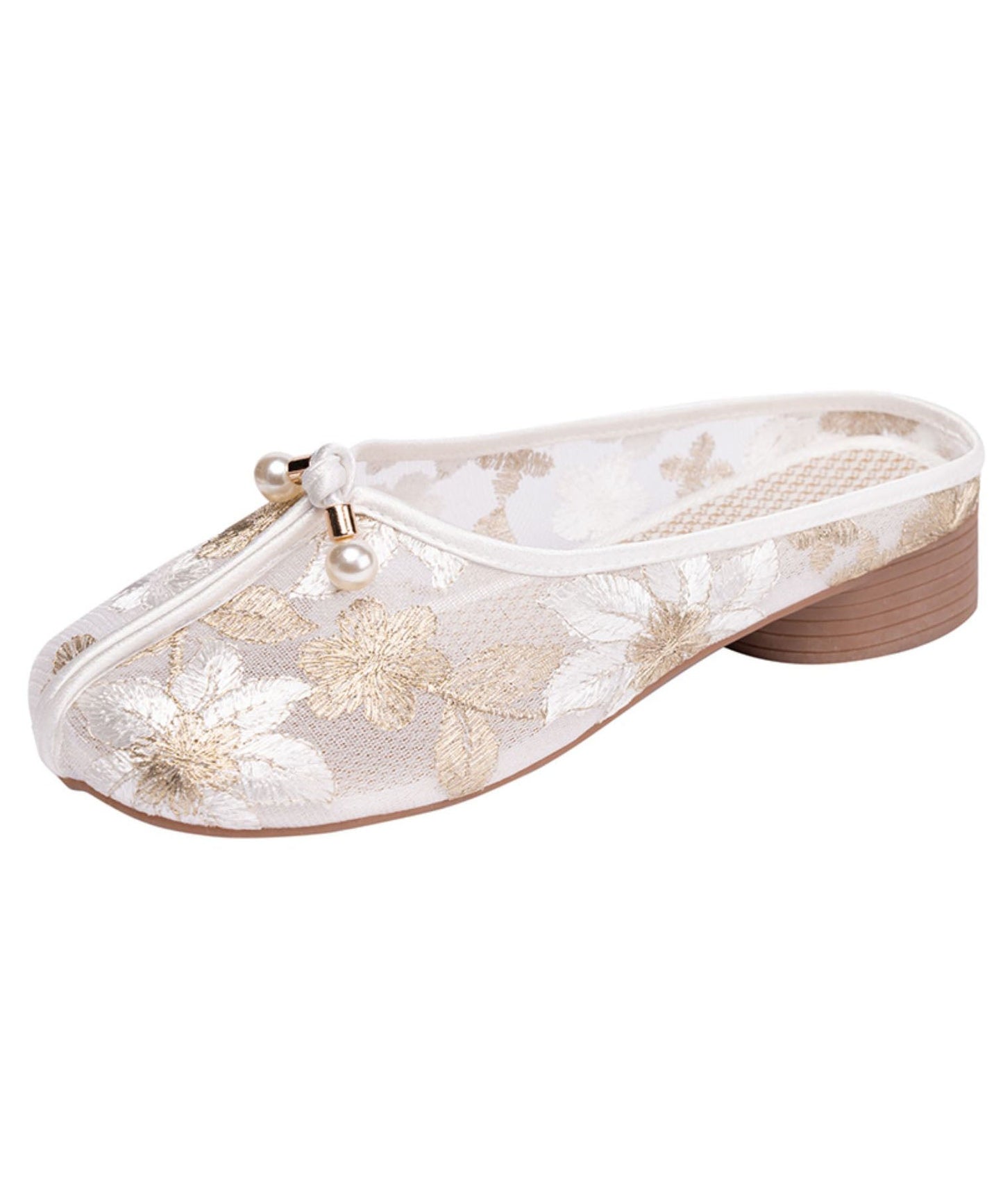 Gold Chunky Slide Sandals Tulle Comfy Splicing Hollow Out Embroideried LY7701 Ada Fashion