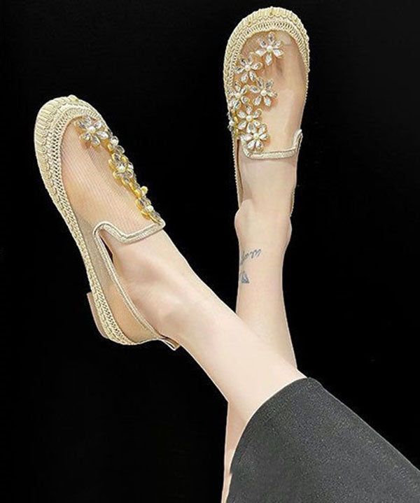 Gold Penny Loafers Breathable Mesh Retro Splicing Floral Zircon LY4342 - fabuloryshop