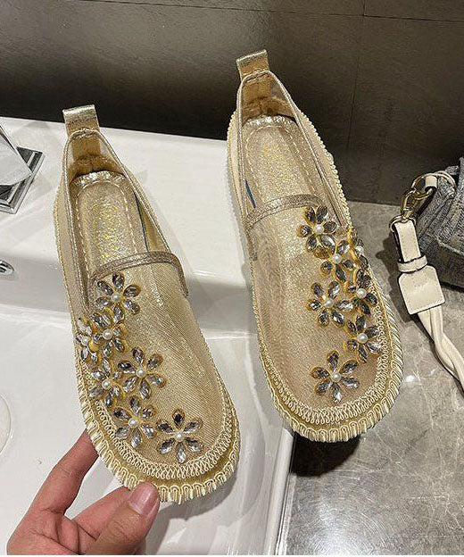 Gold Penny Loafers Breathable Mesh Retro Splicing Floral Zircon LY4342 - fabuloryshop