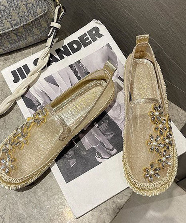 Gold Penny Loafers Breathable Mesh Retro Splicing Floral Zircon LY4342 - fabuloryshop