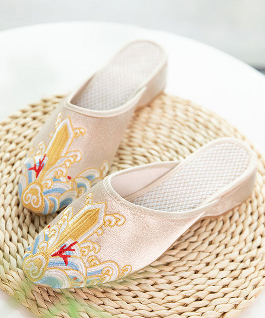 Gold Satin Slide Sandals Splicing Pointed Toe Embroideried Women Ada Fashion