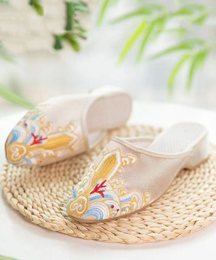 Gold Satin Slide Sandals Splicing Pointed Toe Embroideried Women Ada Fashion