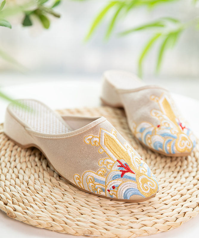 Gold Satin Slide Sandals Splicing Pointed Toe Embroideried Women Ada Fashion