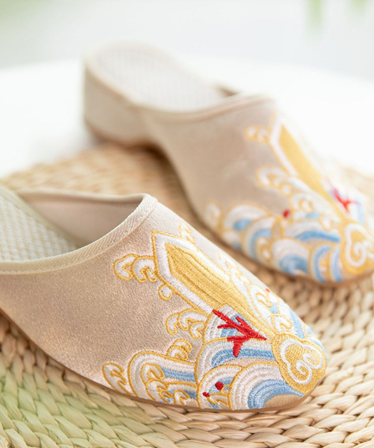 Gold Satin Slide Sandals Splicing Pointed Toe Embroideried Women Ada Fashion