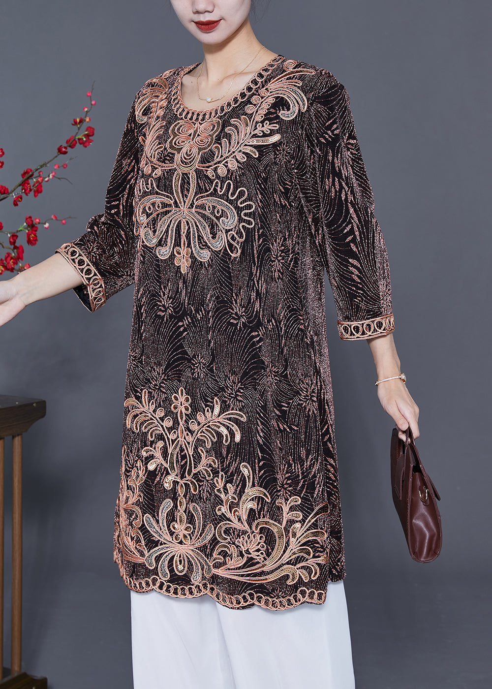 Golden Loose Silk Mid Dress Embroideried Sequins Bracelet Sleeve LY5554 - fabuloryshop