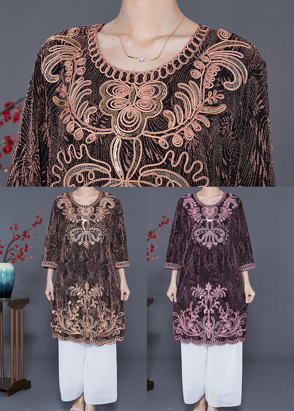 Golden Loose Silk Mid Dress Embroideried Sequins Bracelet Sleeve LY5554 - fabuloryshop