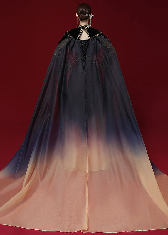 Gradient Color Black High Waist Embroideried Silk Velour Mantle And Dress Two Piece Set Long Sleeve Ada Fashion