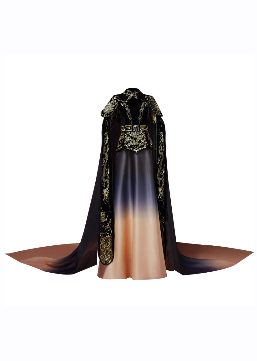 Gradient Color Black High Waist Embroideried Silk Velour Mantle And Dress Two Piece Set Long Sleeve Ada Fashion