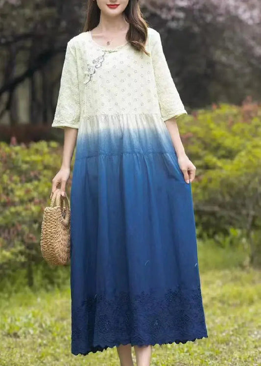 Gradient Color Blue O-Neck Patchwork Tie Dye Long Dress Summer Ada Fashion