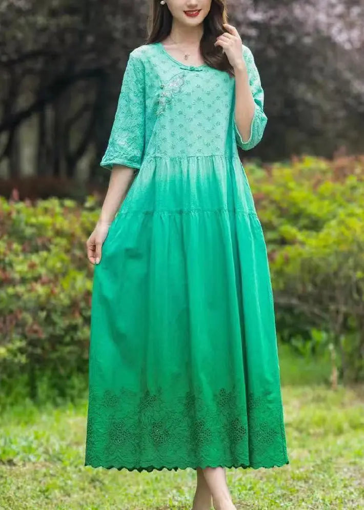 Gradient Color Blue O-Neck Patchwork Tie Dye Long Dress Summer Ada Fashion