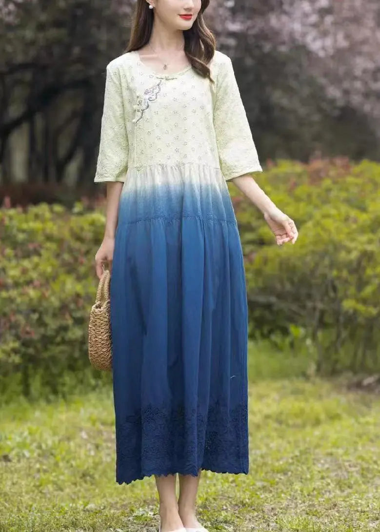 Gradient Color Blue O-Neck Patchwork Tie Dye Long Dress Summer Ada Fashion