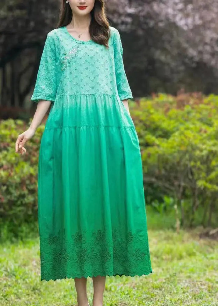 Gradient Color Blue O-Neck Patchwork Tie Dye Long Dress Summer Ada Fashion