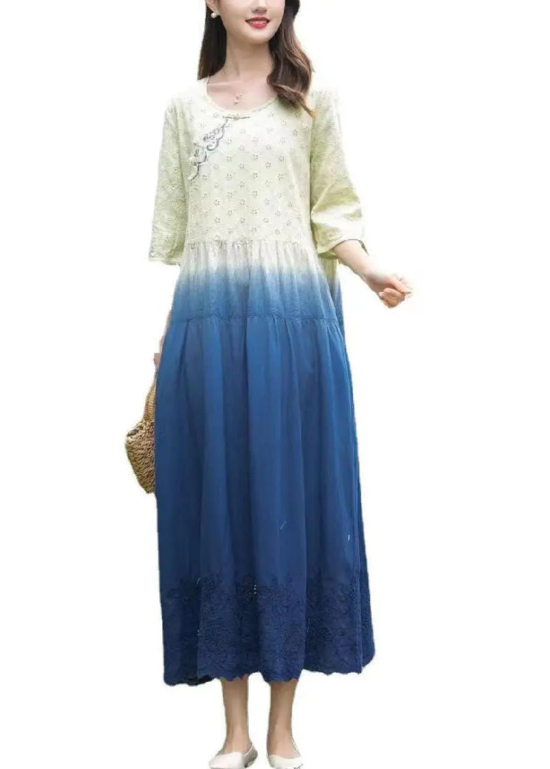 Gradient Color Blue O-Neck Patchwork Tie Dye Long Dress Summer Ada Fashion