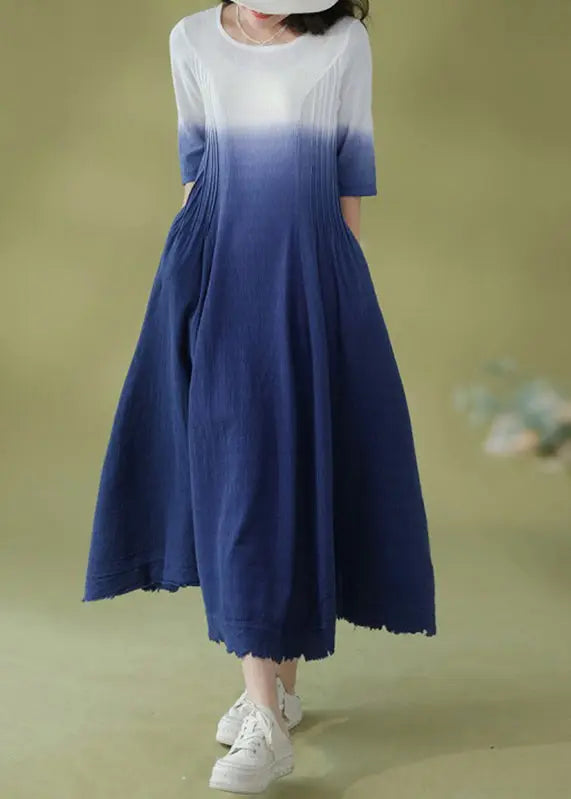 Gradient Color Blue O-Neck Wrinkled Ramie Long Dress Short Sleeve Ada Fashion