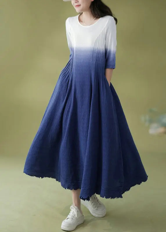 Gradient Color Blue O-Neck Wrinkled Ramie Long Dress Short Sleeve Ada Fashion