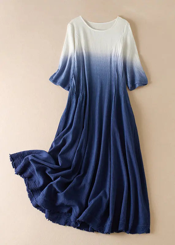 Gradient Color Blue O-Neck Wrinkled Ramie Long Dress Short Sleeve Ada Fashion