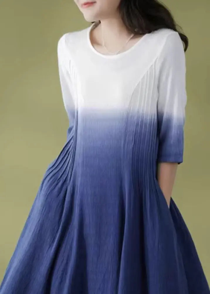 Gradient Color Blue O-Neck Wrinkled Ramie Long Dress Short Sleeve Ada Fashion