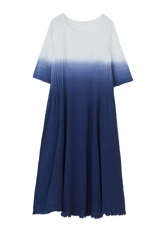 Gradient Color Blue O-Neck Wrinkled Ramie Long Dress Short Sleeve Ada Fashion
