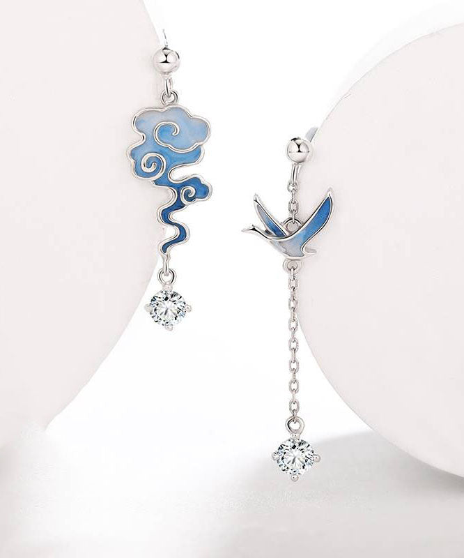 Gradient Color Blue Sterling Silver Asymmetricar Zircon Xiangyun Crane Tassel Drop Earrings Ada Fashion